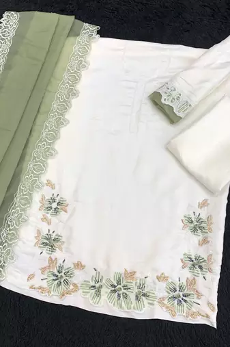 White green satin suit with embroidery sequin work