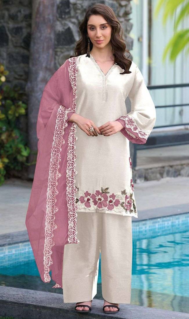 White pink satin suit with embroidery sequin work