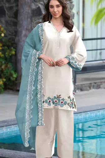 White blue satin suit with embroidery sequin work