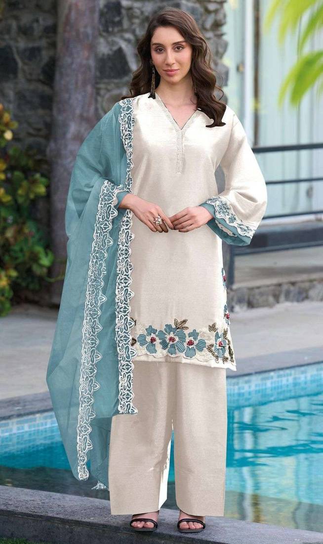 White blue satin suit with embroidery sequin work