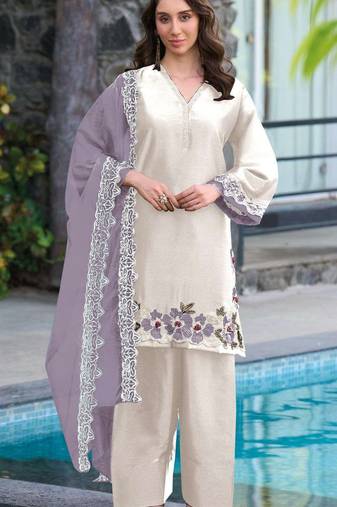 White lavender satin suit with embroidery sequin work