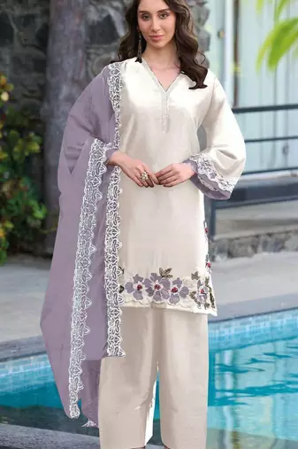 White lavender satin suit with embroidery sequin work