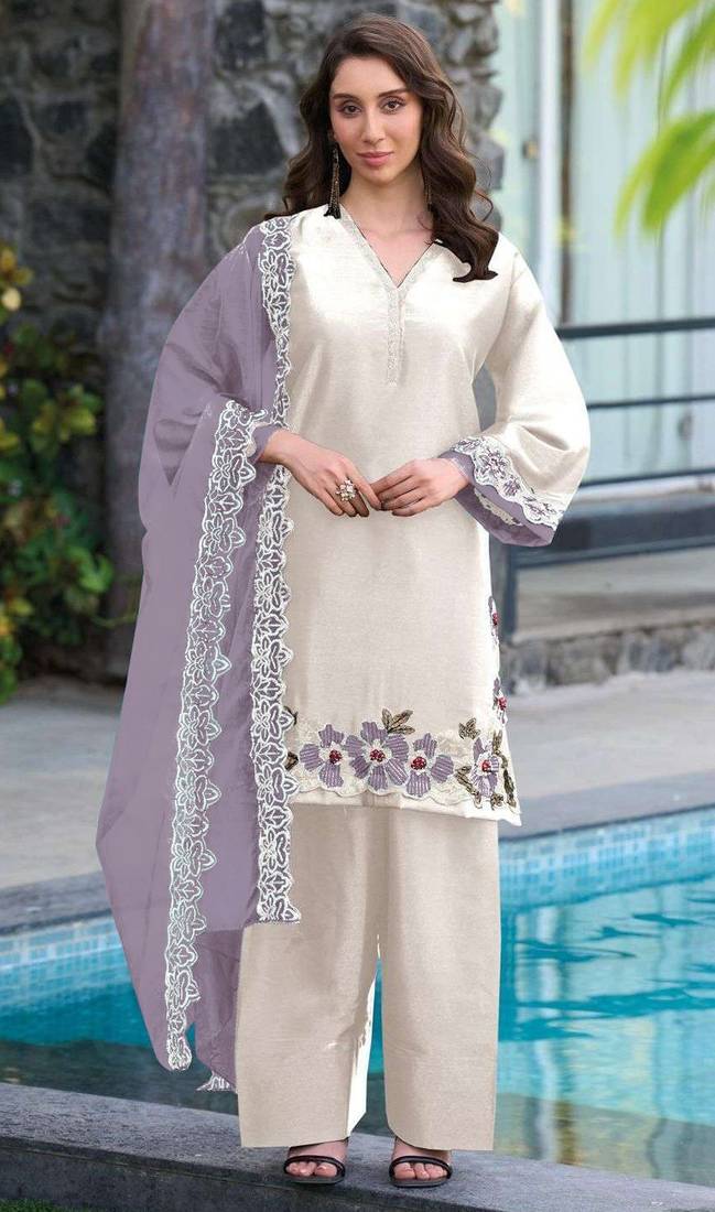White lavender satin suit with embroidery sequin work