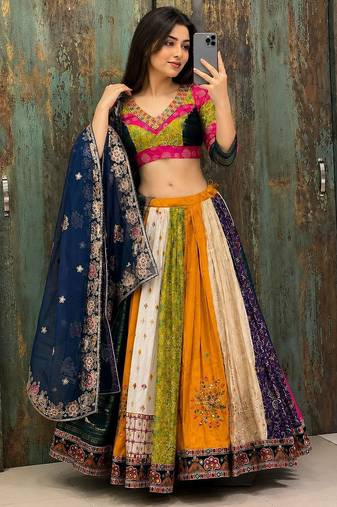 rani pink colour Navratri Special Muslin Cotton Mirror Work Lehenga Choli Set