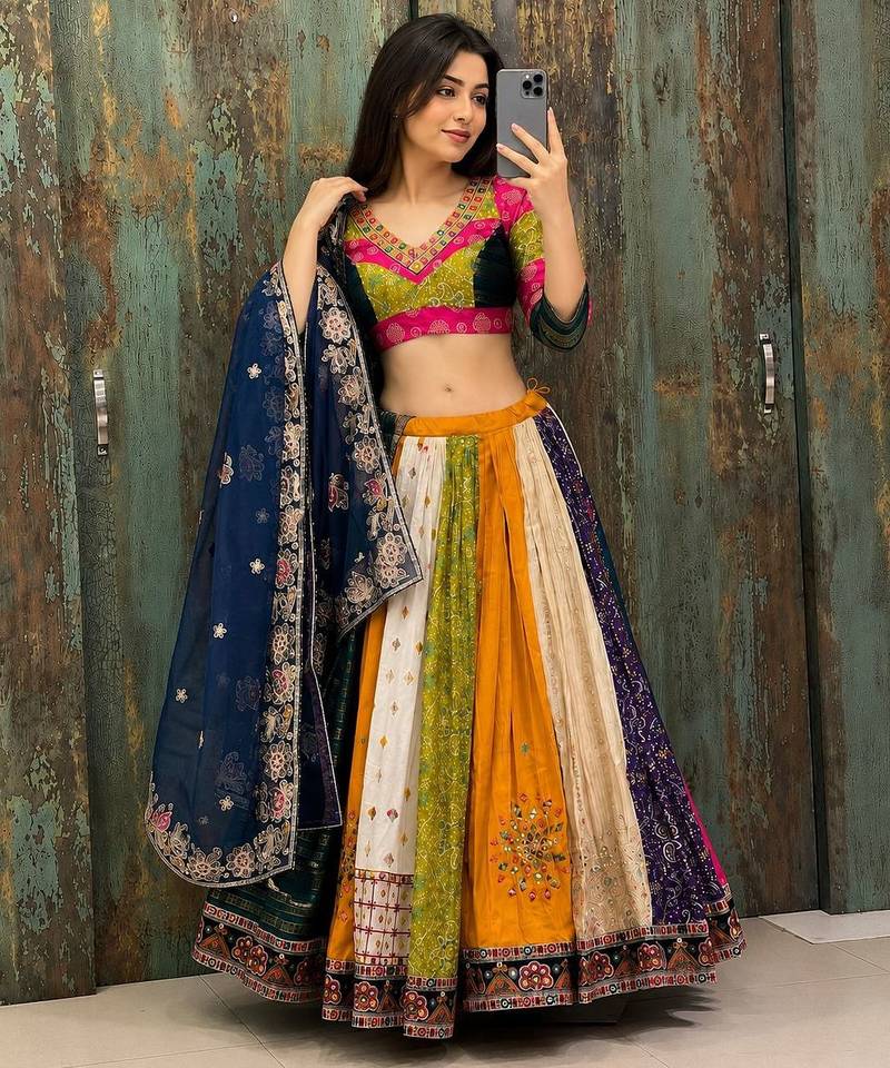 rani pink colour Navratri Special Muslin Cotton Mirror Work Lehenga Choli Set