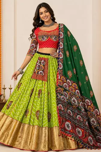 GREEN colour Navratri Special Muslin Cotton Mirror Work Lehenga Choli Set