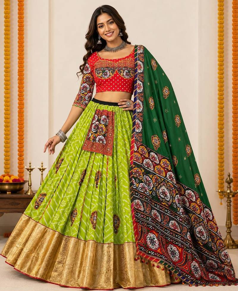 GREEN colour Navratri Special Muslin Cotton Mirror Work Lehenga Choli Set
