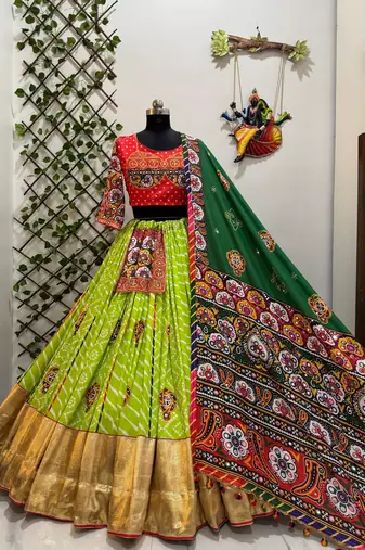 GREEN colour Navratri Special Muslin Cotton Mirror Work Lehenga Choli Set