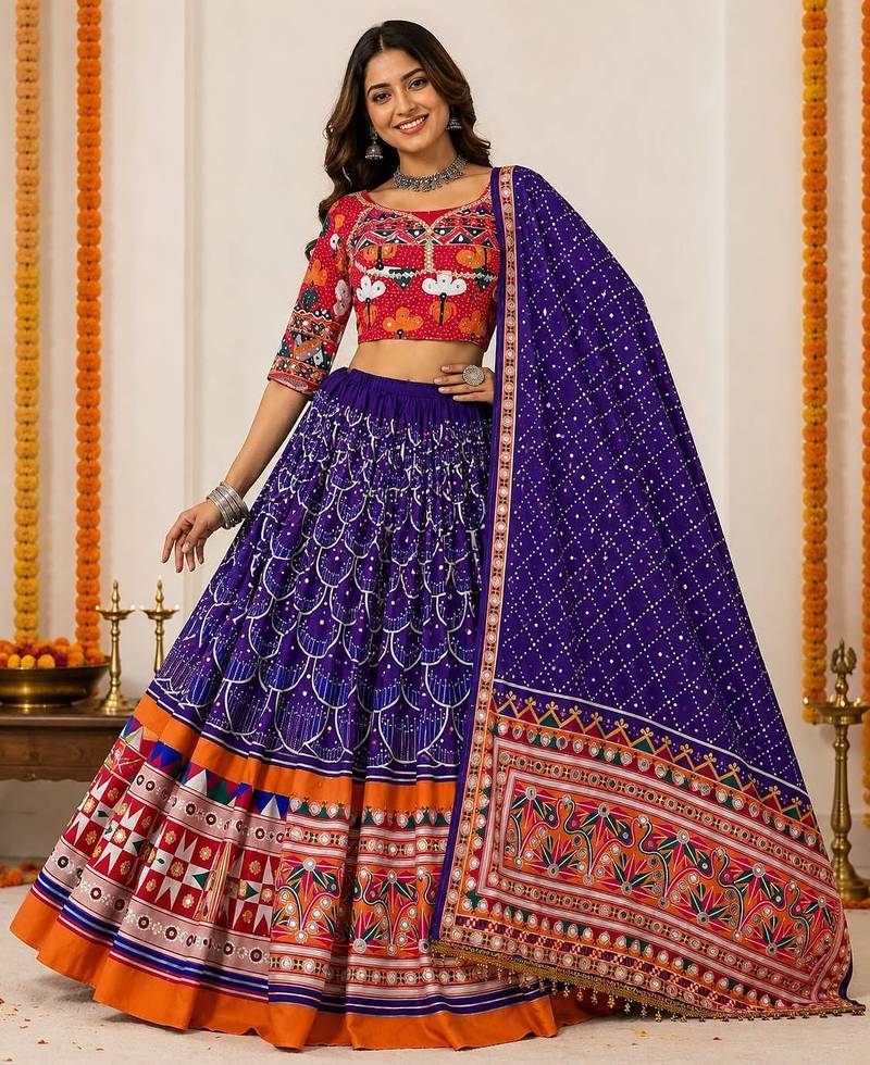Royal Purple Muslin Cotton Navratri Chaniya Choli with Mirror Work