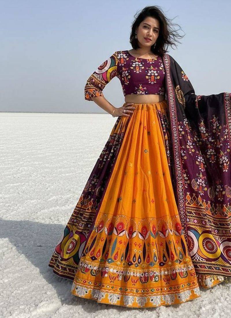 WINE COLOUR Muslin Cotton Navratri Chaniya Choli with Mirror Work