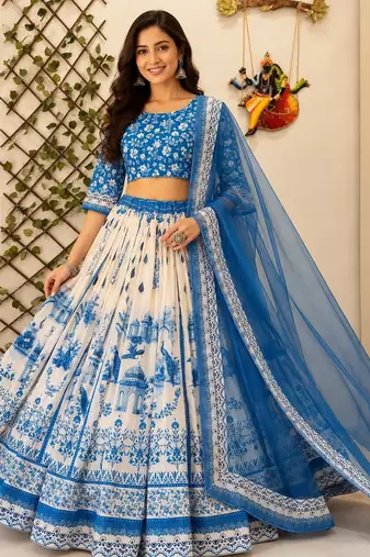 Sky blue colour Digital Print Muslin Cotton Lehenga Choli with Net Dupatta