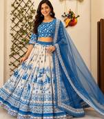 Sky blue colour Digital Print Muslin Cotton Lehenga Choli with Net Dupatta