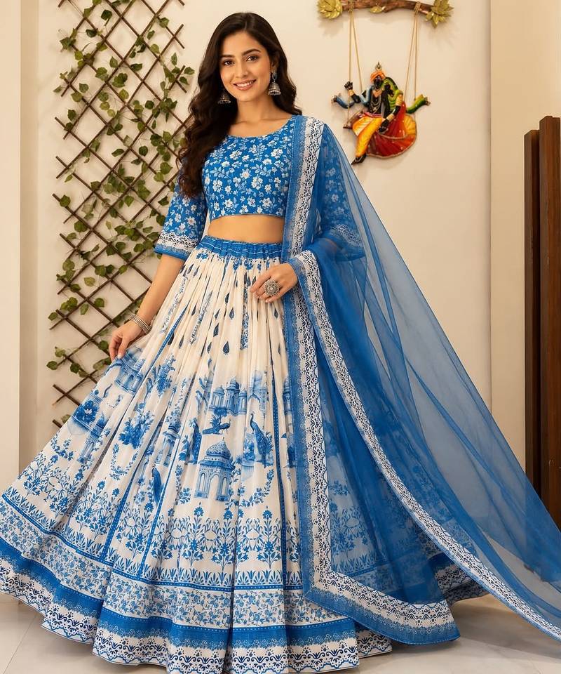 Sky blue colour Digital Print Muslin Cotton Lehenga Choli with Net Dupatta