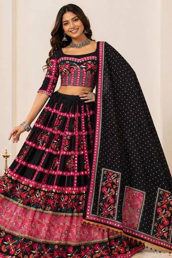 Black colour Navratri Special Muslin Cotton Chaniya Choli with Mirror Work Dupatta