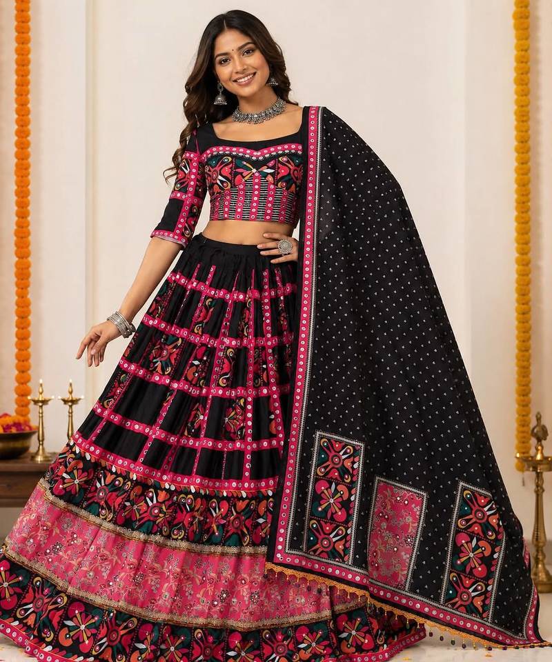 Black colour Navratri Special Muslin Cotton Chaniya Choli with Mirror Work Dupatta