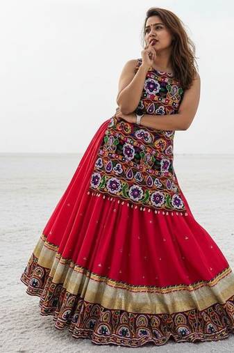RED COLOUR Navratri Gamthi Work Indo-Western Lehenga Set with Mirror Work