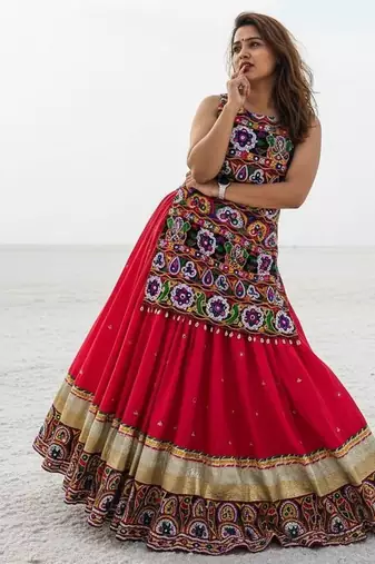 RED COLOUR Navratri Gamthi Work Indo-Western Lehenga Set with Mirror Work