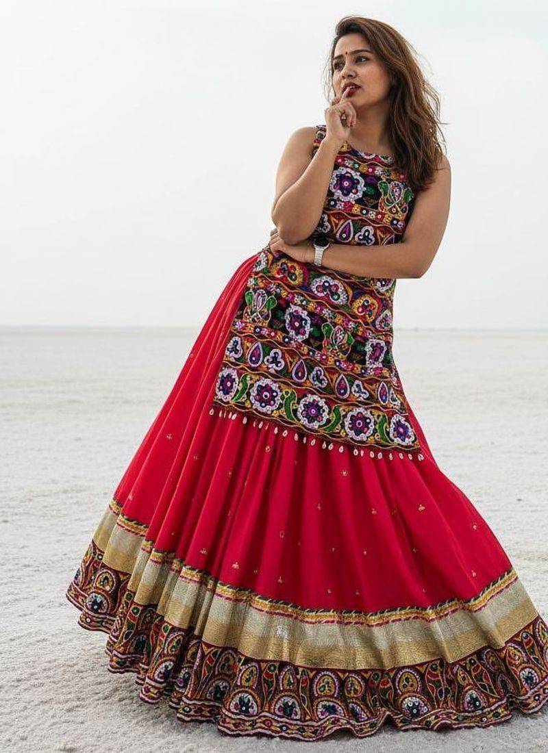 RED COLOUR Navratri Gamthi Work Indo-Western Lehenga Set with Mirror Work