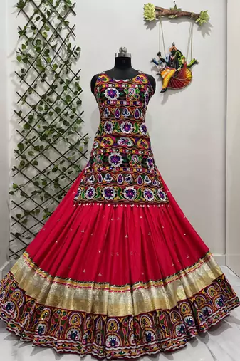 RED COLOUR Navratri Gamthi Work Indo-Western Lehenga Set with Mirror Work