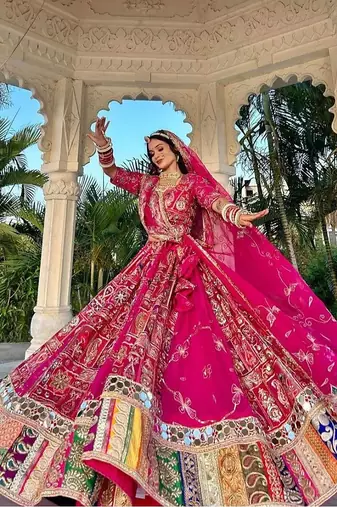 rani pink colour Navratri Special Muslin Cotton Mirror Work Lehenga Choli Set