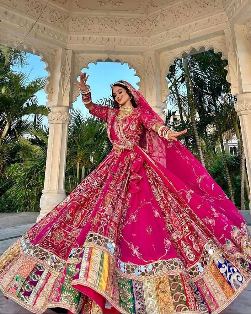 rani pink colour Navratri Special Muslin Cotton Mirror Work Lehenga Choli Set