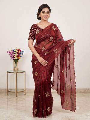 Maroon Color Hand Work Satin Saree 1