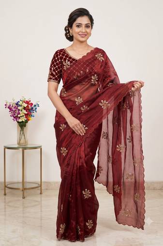 Maroon Color Hand Work Satin Saree
