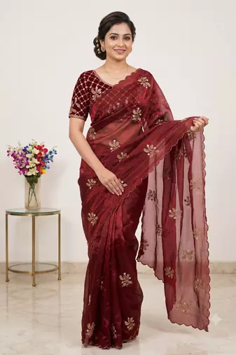 Maroon Color Hand Work Satin Saree