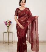 Maroon Color Hand Work Satin Saree