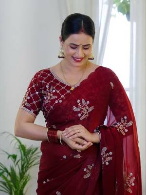 Maroon Color Hand Work Satin Saree 2