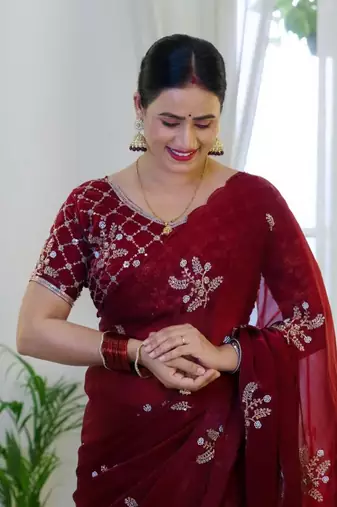 Maroon Color Hand Work Satin Saree