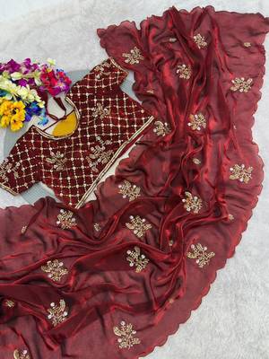 Maroon Color Hand Work Satin Saree 3