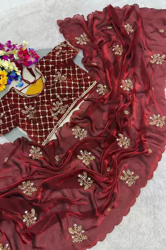 Maroon Color Hand Work Satin Saree