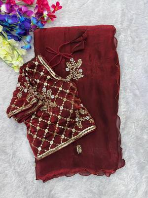 Maroon Color Hand Work Satin Saree 4