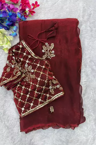 Maroon Color Hand Work Satin Saree