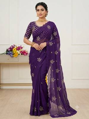 Purple Color Hand Work Satin Saree 1