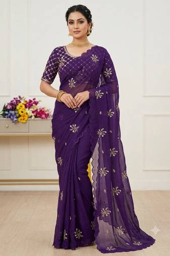 Purple Color Hand Work Satin Saree