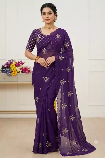 Purple Color Hand Work Satin Saree