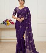 Purple Color Hand Work Satin Saree
