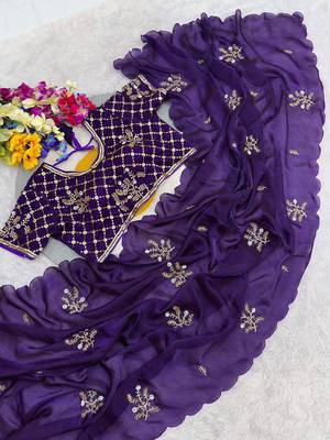 Purple Color Hand Work Satin Saree 2