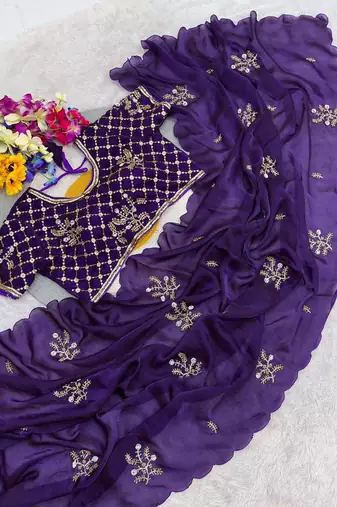 Purple Color Hand Work Satin Saree