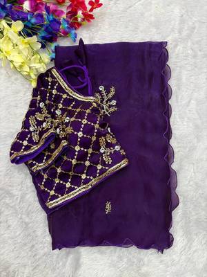 Purple Color Hand Work Satin Saree 3