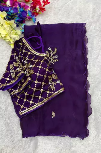 Purple Color Hand Work Satin Saree