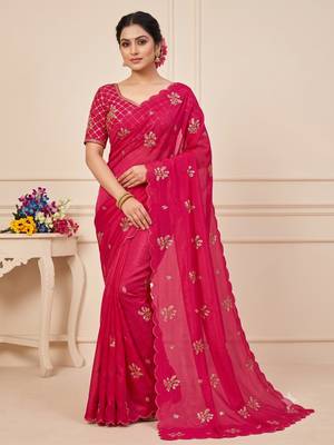 Rani Pink Color Hand Work Satin Saree 1