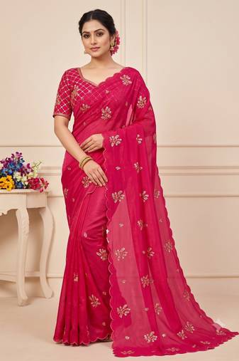 Rani Pink Color Hand Work Satin Saree