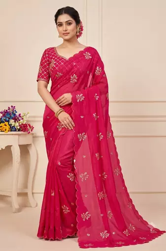 Rani Pink Color Hand Work Satin Saree