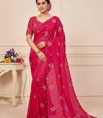 Rani Pink Color Hand Work Satin Saree