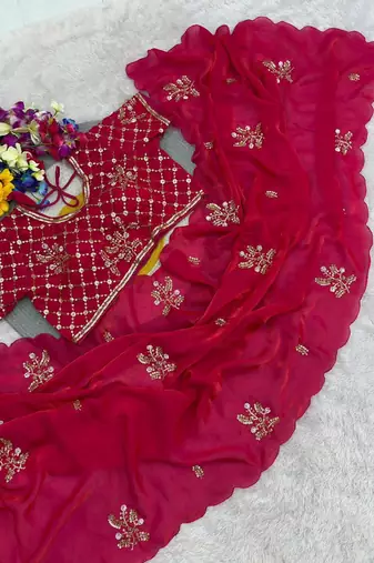 Rani Pink Color Hand Work Satin Saree