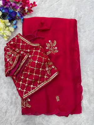 Rani Pink Color Hand Work Satin Saree 3
