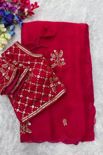 Rani Pink Color Hand Work Satin Saree